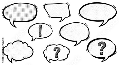Collection of speech bubbles with question marks and dialogue icons