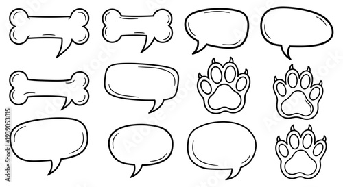 Collection of dog bone and paw print speech bubble icons