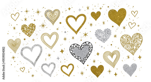 Collection of gold silver and black hearts