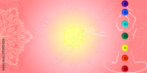 Background with chakras and a yoga girl. Mandala elements on a pink background. Banner for yoga studios, flyers, invitations, advertisements, brochures, and social media