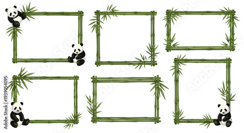 Set of six green bamboo frames with panda illustrations for decoration