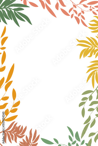 Leaf frame with foliage for summer and vacation themes, abstract tropical background with palm branches, leaves of different shades, and silhouettes