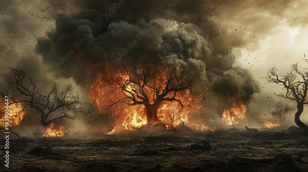 Fototapeta premium An ancient tree engulfed in a massive wildfire with thick smoke plumes and intense flames.