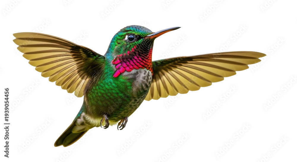 Naklejka premium Isolated Rufous-tailed hummingbird in flight with wings spread, looking to the right side