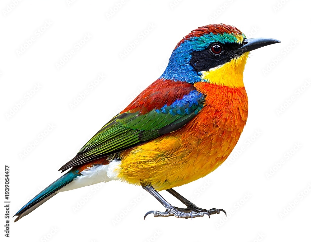 Obraz premium Vibrantly colored bird with striking plumage poses in profile against a plain background, showcasing its vivid hues