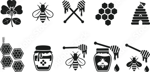 Set of honey bee icons including honeycombs, jars, dippers, hives, and flowers for natural organic food branding, beekeeping, and sweet illustrations.