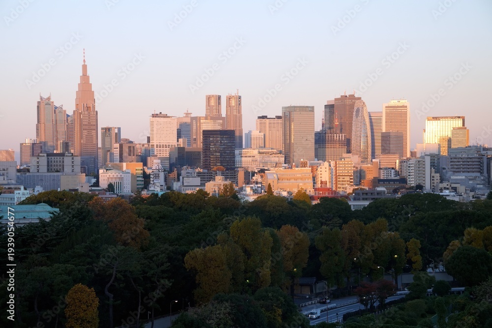 Obraz premium Shinjuku skyscraper skyline at sunrise with green forest in Tokyo, Japan.