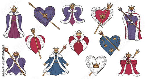 Collection of royal princesses in elegant dresses and crowns