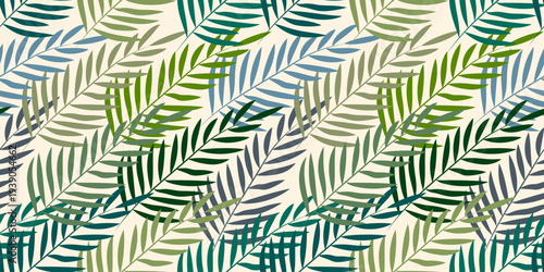 Seamless pattern with silhouettes of green tropical leaves in a linear style. Botanical pattern for wallpaper design, decor, print, textiles, interior.
