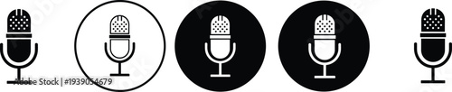 Set of microphone icons for podcast, radio, broadcast, and audio recording symbols in flat vector style for professional media production.