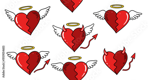 Set of cartoon hearts with wings and halos in a playful style