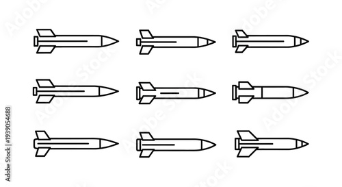 Large Set of Nine Various Missile and Bomb Weapon Outline Icons on an Isolated White Background