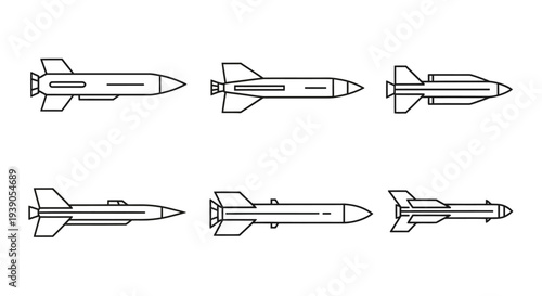 Set of six outline vector icons depicting various types of missiles and bombs, military weaponry for combat scenarios.
