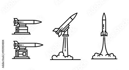 Line art illustration depicting the launch sequence of a rocket or missile, from static on a launcher to ascending into the sky.