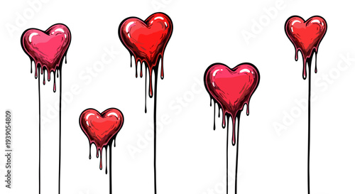 Set of five melting red hearts with drips