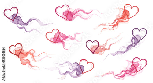 Colorful abstract hearts with flowing lines and soft pastel shades