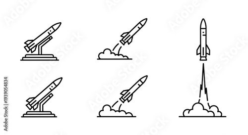 Line art icons depicting rockets on launchpads and in various stages of launch and flight, illustrating space exploration or military technology.