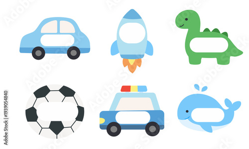 Name Tag Label Icon Set Rocket Dinosaur Car Police Car Soccer Ball Whale
