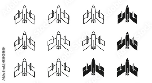 A grid of twelve stylized jet aircraft icons, featuring both outline and solid black designs, viewed from an overhead perspective.