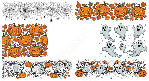 Halloween themed pumpkins ghosts and autumn decorations collection