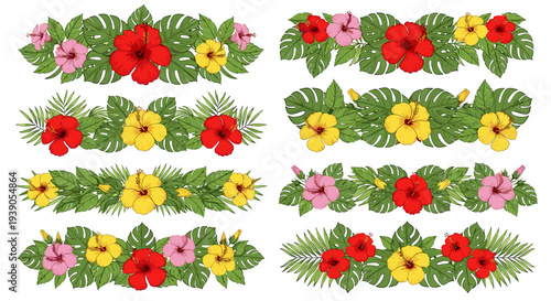Set of colorful floral borders with hibiscus and greenery designs