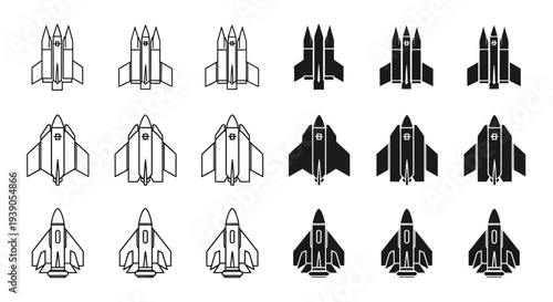 Collection of various spaceship and fighter jet icons in outline and solid black styles, featuring different futuristic aircraft designs.
