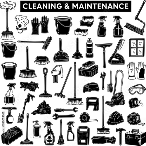 Detailed Vector Collection of Cleaning and Maintenance Tools and Supplies. Hand-drawn Icons for Household and Industrial Services, in Black and White Vintage Style.