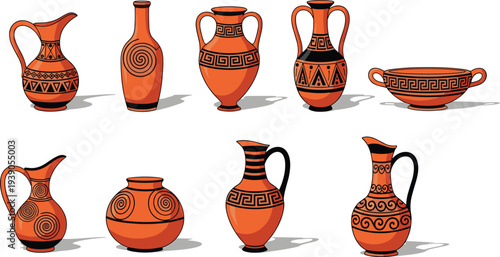 Ancient Greek pottery, terracotta ceramic vessels, classical art illustration, traditional amphora design, historical artifacts collection, decorative cultural heritage vector