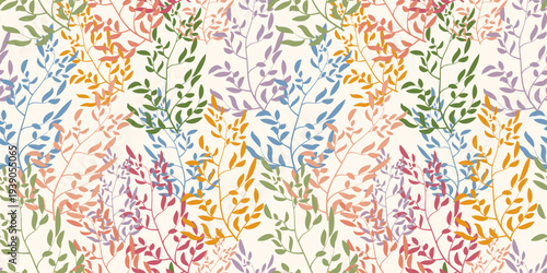 Seamless pattern with silhouettes of multicolored branches with leaves in a linear style. Botanical pattern for wallpaper design, decor, print, textiles, interior.
