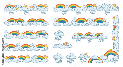 Collection of colorful rainbow clouds with various weather elements