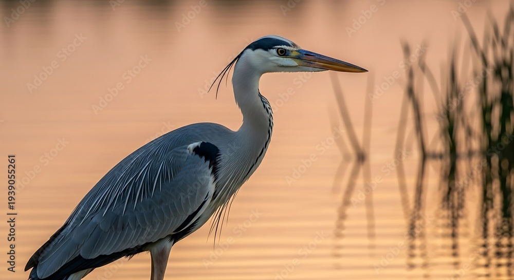 Naklejka premium Elegant heron bird profile view against calm water background