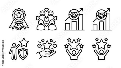 Set of 8 line icons for success and achievement: award, happy team, growth charts, handshake, shield, and star ratings. Modern outline style