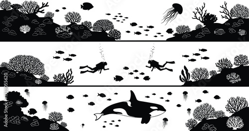 Underwater sea life silhouette banners featuring coral reefs, orca whale, jellyfish, scuba divers, and tropical fish schools isolated on white background.
