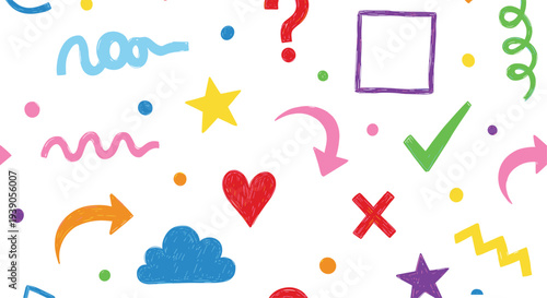 Hand drawn colorful seamless pattern with doodle shapes, stars and hearts, checkmark and cross symbols, playful creative background, vector illustration