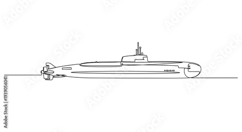 Military submarine line drawing isolated on white background