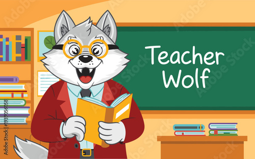 Cartoon Wolf Teacher Holding Book in Classroom with Bookshelf and Chalkboard