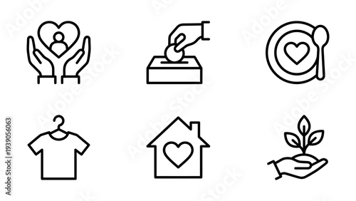 Set of 6 simple line icons representing charity and giving: hands holding heart, donation box, food plate, donation hanger, house symbol, and plant sprout