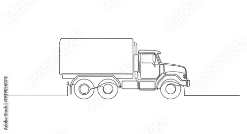 Military cargo truck line drawing isolated on white background