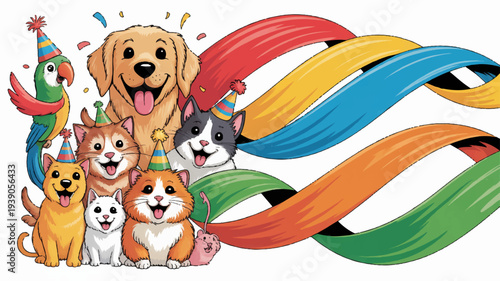 Vibrant celebration poster featuring diverse group of happy dogs wearing party hats with colorful streamers on white background