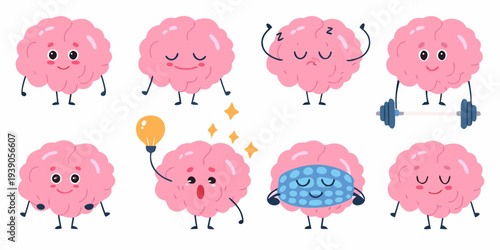Cute cartoon brains displaying various emotions and mental states