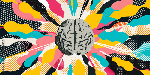 A colorful abstract explosion emanating from a detailed human brain