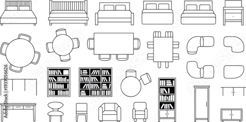 Flat vector furniture collection line drawing interior design catalog illustration