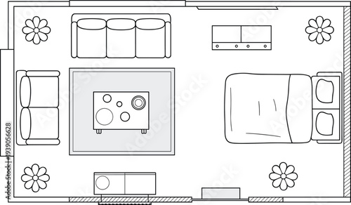 Flat vector studio apartment floor plan interior living bedroom layout illustration