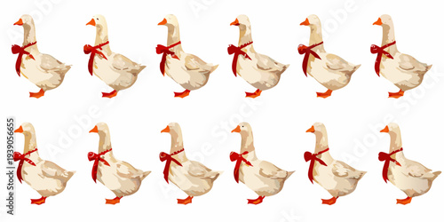A sequence of geese illustrated with red bows around their necks