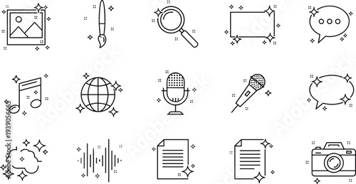 Creative media line icons set, sparkling digital content symbols, camera and microphone, music note and paintbrush, search and communication elements