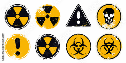 Collection of warning signs radiation biohazard and skull symbols