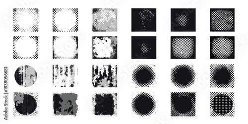 Abstract arrangements of squares and circles with varying halftone patterns