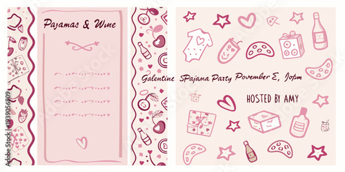 Galentine s pajama party invitation with doodles and pink color scheme