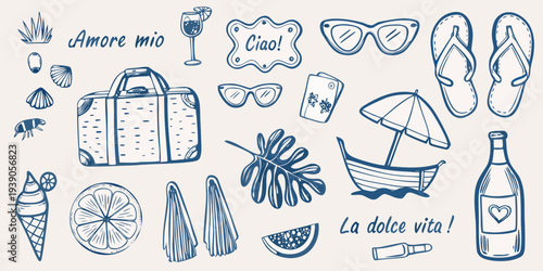 Summer vacation doodles featuring italian phrases and beach themed items
