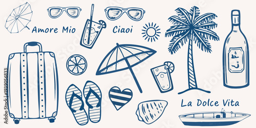 Summer vacation doodles featuring italian phrases and beach accessories